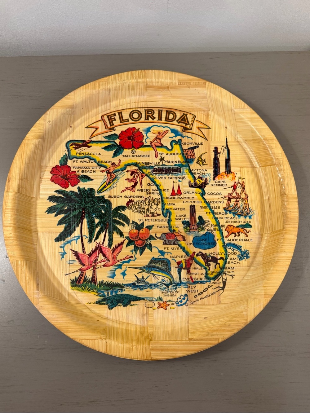 Vintage Florida Map Landmark Bamboo Tray 13" Round Souvenir Serving Platter